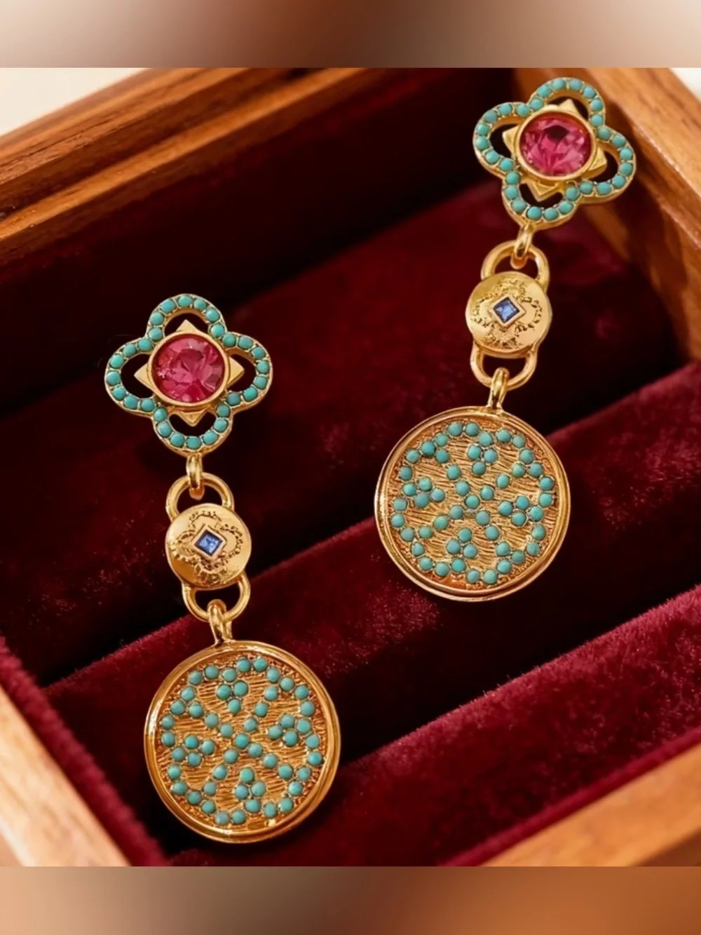 Western Earrings Gold-Tone Turquoise & Pink Drop Earrings - Women's Jewelry
